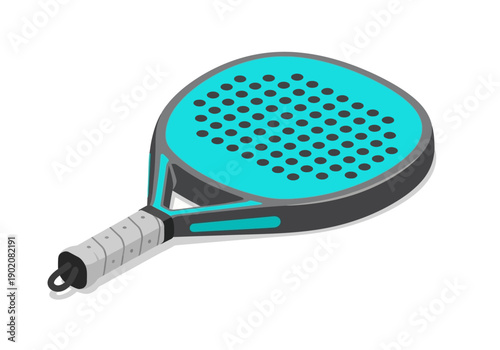 A teal and black paddleball racket on a neutral background from a top-down viewpoint