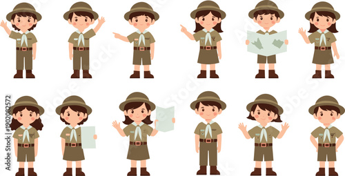 Cute scout kids characters set with uniforms map and outdoor adventure cartoon vector