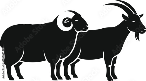 Silhouettes of sheep and goats grazing peacefully in a rolling green meadow