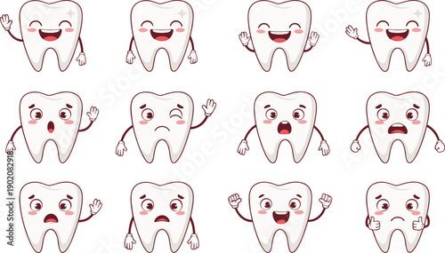 Cute tooth characters set with different emotions for dental care cartoon vector illustration