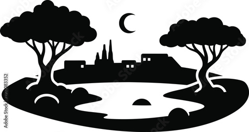 Serene oasis scene silhouette with palm trees and calm water in the desert