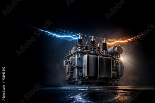 Cinematic 3D render of industrial high-voltage power transformer with blue and orange electric arcs on dark background, energy infrastructure concept with dramatic lighting.