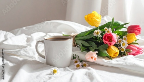 Morning coffee with fresh spring flowers on white bed linen natural light