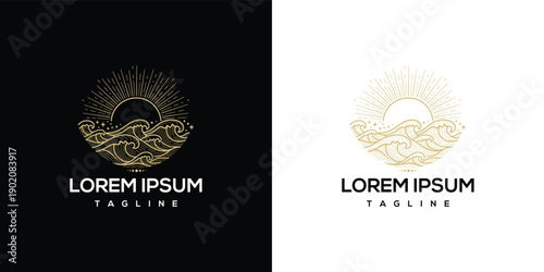 Sun and Waves Logo Golden Emblem Nautical Organic Design.