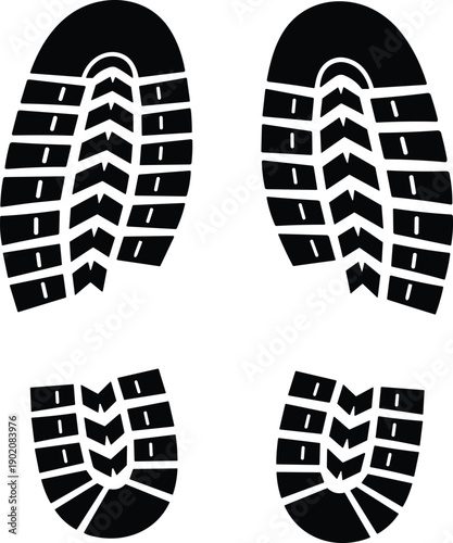 Black boot and shoe print silhouette vector illustration, rugged tread pattern icon, hiking footwear symbol, outdoor tracking design concept graphic