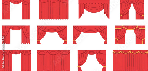 Red theater stage curtains set with different drapery styles isolated cartoon vector illustration