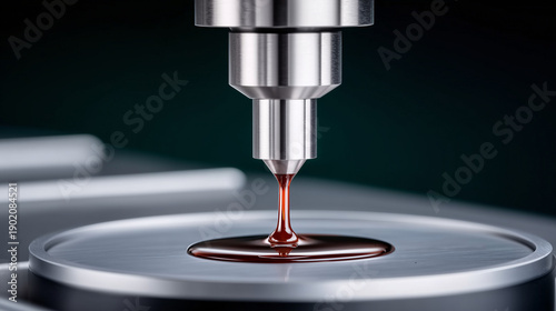 Wallpaper Mural A precise drop of technical fluid is applied by an industrial dispenser showing manufacturing and quality control. Torontodigital.ca