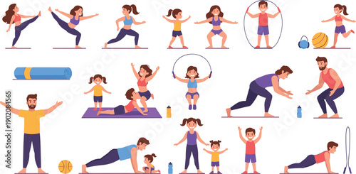 Family workout training scenes set with parents and kids doing fitness exercises vector