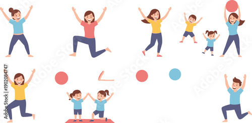 Happy family fitness exercises set with parents and kids doing workout cartoon vector