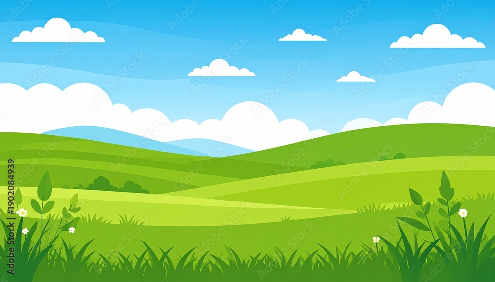 Obraz premium Vibrant green rice field landscape with blue sky and fluffy clouds summer nature