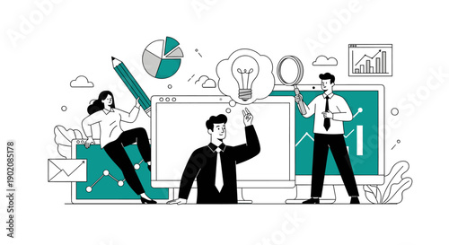 Professionals analyzing business data on a large screen display.