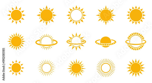 A collection of stylized yellow sun icons with varying designs and ringed planet-like variations.