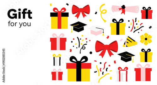 A collection of colorful gift boxes and ribbons on a white background.