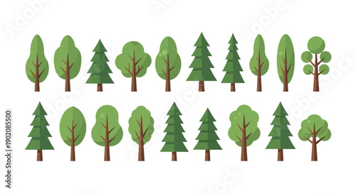 A collection of various stylized green trees, including deciduous and coniferous varieties, arranged in two rows against a white background.