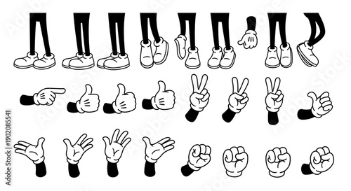 Collection of cartoon-style animated character limbs including legs, feet, and hands in various poses and gestures.