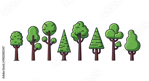 A collection of diverse cartoon-style trees with green foliage and brown trunks, presented in a horizontal line against a white background.