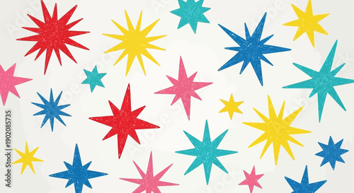 A vibrant and colorful collection of starbursts and sparkles scattered across a white background, creating a festive and energetic visual.
