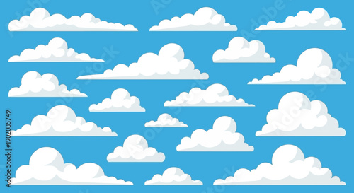A vibrant illustration showcasing a variety of fluffy white clouds scattered across a clear blue sky.