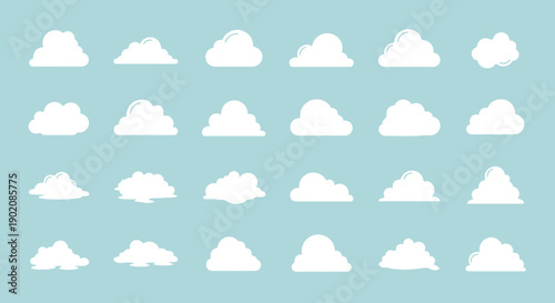 A collection of 25 stylized white clouds of various shapes and sizes against a soft blue background, ideal for graphic design and weather-related themes.