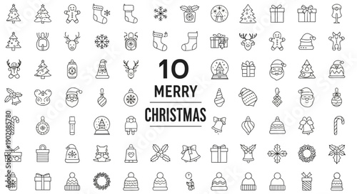 A comprehensive collection of 60 unique line art icons representing various Christmas symbols and festive elements, perfect for holiday-themed designs.