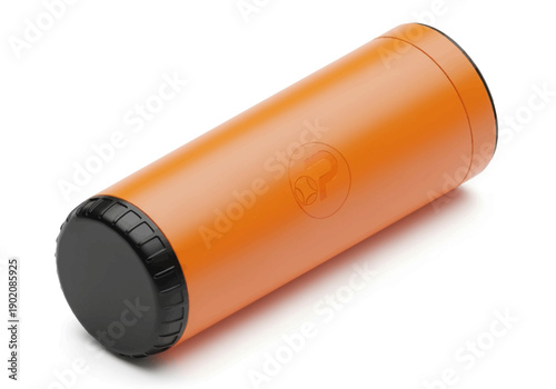 An orange cylindrical container with a black cap is viewed from an angle on a plain surface