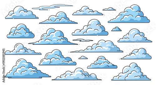 A collection of various cartoon-style clouds, rendered in shades of blue and white with black outlines, against a plain white background.