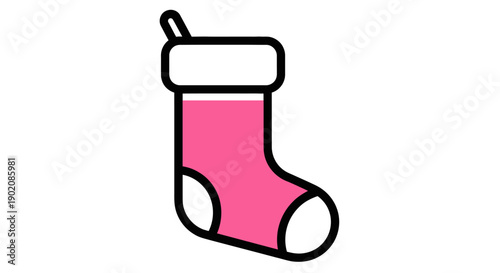 A simple graphic illustration of a pink Christmas stocking with a white cuff and heel, ready for gifts.