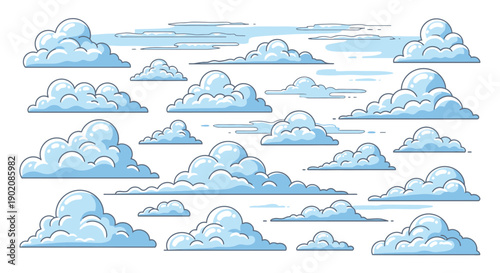 A collection of various cartoon-style blue and white clouds with outlines, isolated on a light background, depicting different shapes and sizes of sky elements.