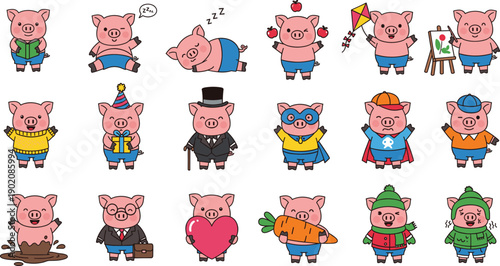 Cute pig character poses set with different outfits emotions and activities cartoon vector