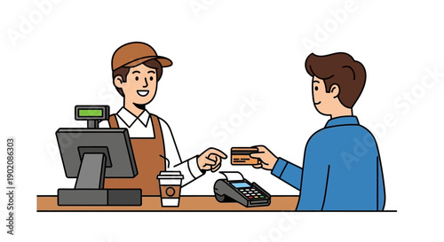 A customer pays for a coffee with a credit card at a cafe counter with a barista serving.
