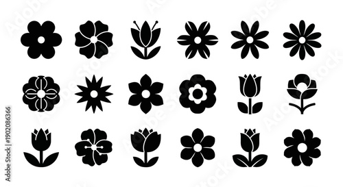 A collection of black silhouette flower icons with various petal designs and shapes arranged on a white background.
