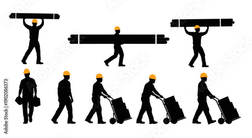 Silhouettes of workers in hard hats performing various manual labor tasks including carrying pipes and pushing hand trucks.