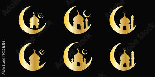Islamic Night Crescent with Mosque Dome Silhouette Icon Pack. Crescent Moon Mosque Silhouette Set, Islamic Vector Icons. Islamic mosque dome crescent moon symbol. Mosque and Crescent Moon Icons 