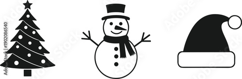 Black Christmas holiday icon vector illustration, festive decorated tree, snowman with hat and scarf, Santa hat seasonal design art