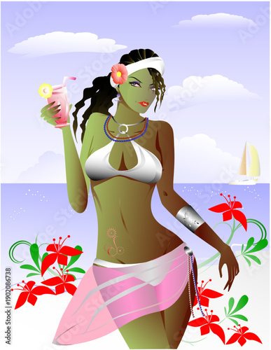 ビーチでカクテルを持つ女性