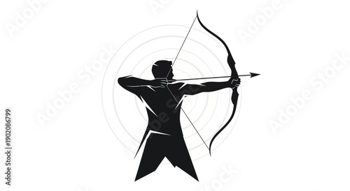 Focused archer taking aim with bow and arrow at target