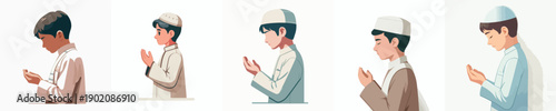 vector half body islamic little boy gesture praying side view