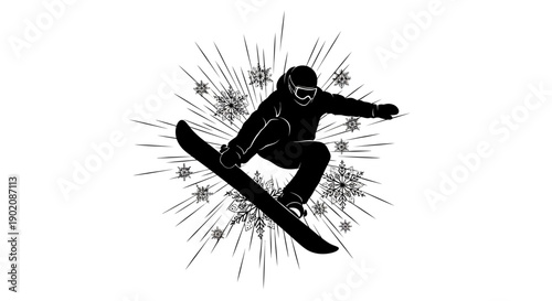 Dynamic snowboarder in motion with snowflakes