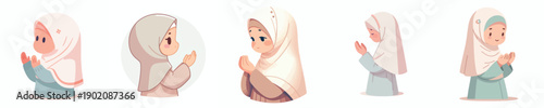 vector half body islamic little girl gesture praying side view