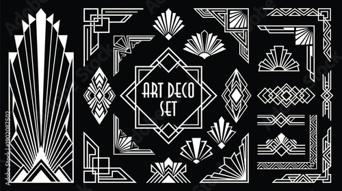 Art Deco Set of Geometric Frames and Decorative Borders, Luxury Vintage Line Art Collection with Symmetrical Shapes, Retro Ornament Design Elements in Black and White Vector Style