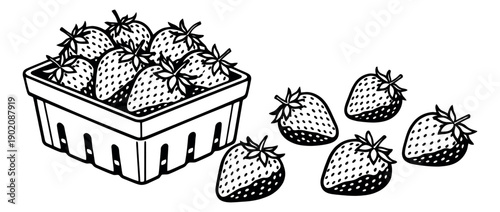 Hand drawn line art strawberry set featuring a carton of strawberries and loose berries for food and healthy eating designs