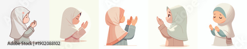 vector half body islamic little girl gesture praying side view