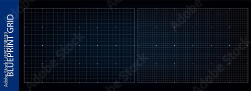 Paper grid overlay for drawing, black blueprint scanning template. Graph print for digital HUD of points and square vector elements. Architectural data, diagram measurement in millimeters, cut game bg