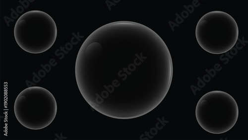 Abstract dark background with floating glossy spheres and bubbles, representing futuristic technology and deep space exploration
