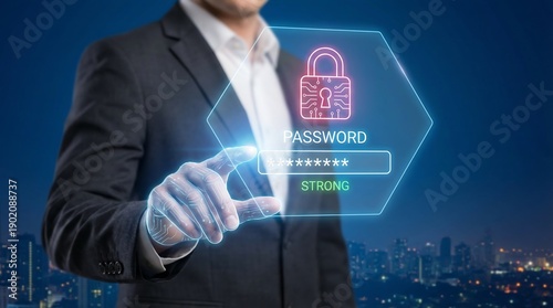 A businessman interacts with a glowing hexagonal interface displaying a password prompt security lock and strength indicator over a city high quality