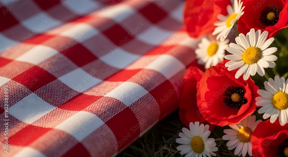 Obraz premium Red Checkered Picnic Blanket with Wildflowers