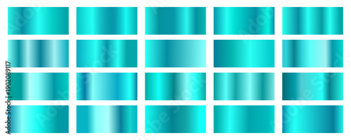Set of rectangular swatches with various metallic gradients in vibrant shades of cyan, turquoise, and teal with realistic light reflections