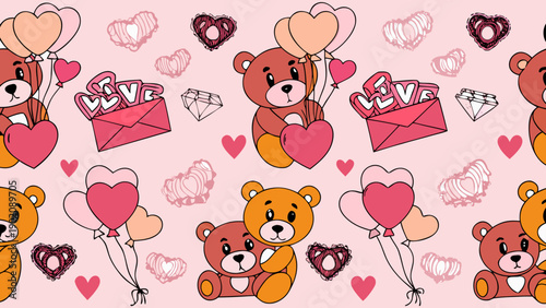 Valentine's day pattern with cute teddy bears hearts and balloons on pink background