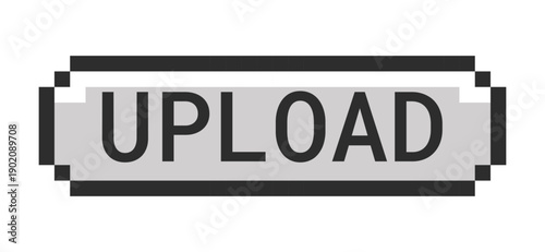 Upload monochrome pixel art button. Submit file. Send content. User sharing. Document, media transfer tool. Grayscale retro UI. 8-bit style CTA. Pixelated 16bit web sticker. Roboto Mono font used