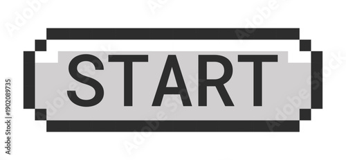 Start monochrome pixel art button. Begin action. Process initiation. Launch tool. Initialize feature. Trigger. Grayscale retro UI. 8-bit style CTA. Pixelated 16bit web sticker. Roboto Mono font used
